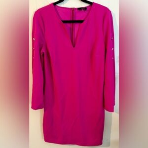 Trina Turk Hot Barbie Pink Long Statement Sleeve Split Neck Shift Dress 8